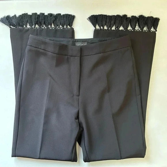 Topshop Tassel Hem Kick Flare Trousers Black Cropped Pants Size 4 NWOT - Picture 16 of 16